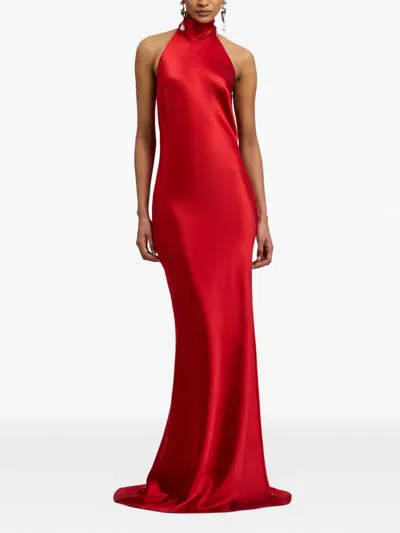 Ralph Lauren Chilton Stretch Satin Evening Dress In Bright Red