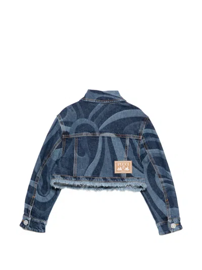 Pucci Junior Fringed Patterned Denim Jacket In Blue