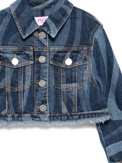 Pucci Junior Fringed Patterned Denim Jacket In Blue