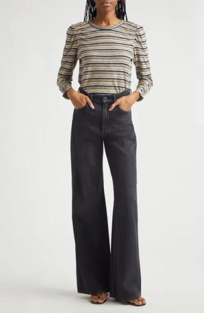 Veronica Beard Remus Stripe Ruched Long Sleeve T-shirt In Brown
