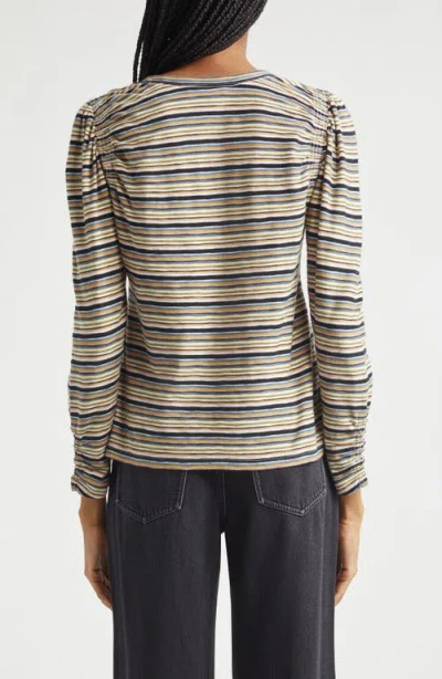 Veronica Beard Remus Stripe Ruched Long Sleeve T-shirt In Brown