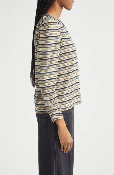 Veronica Beard Remus Stripe Ruched Long Sleeve T-shirt In Brown