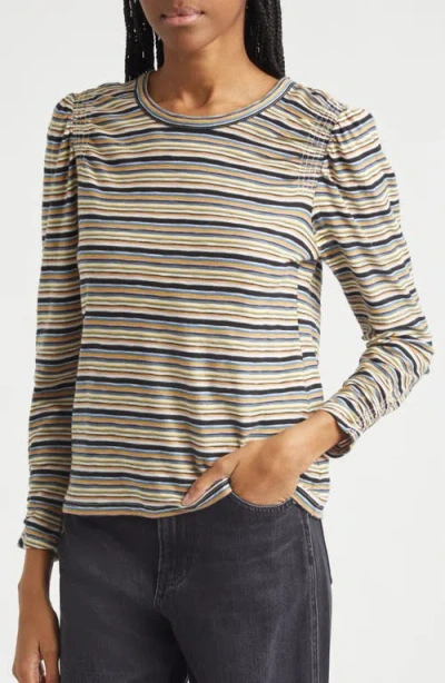 Veronica Beard Remus Stripe Ruched Long Sleeve T-shirt In Brown