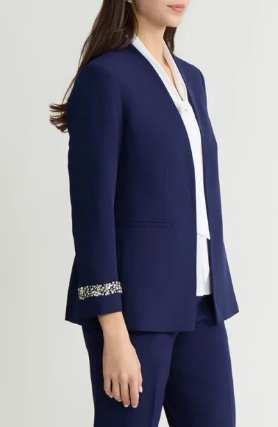 Kasper Collarless Open Front Jacket In Blue