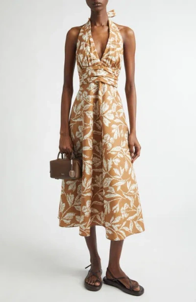 Max Mara Halterneck Printed Cotton Midi Dress In Brown
