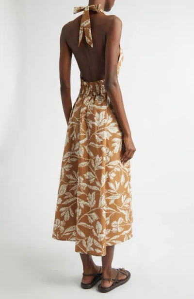 Max Mara Halterneck Printed Cotton Midi Dress In Brown