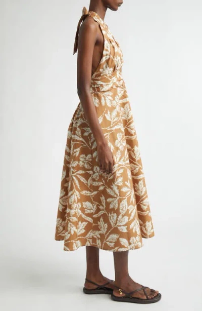 Max Mara Halterneck Printed Cotton Midi Dress In Brown