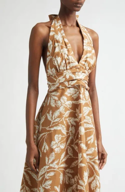 Max Mara Halterneck Printed Cotton Midi Dress In Brown