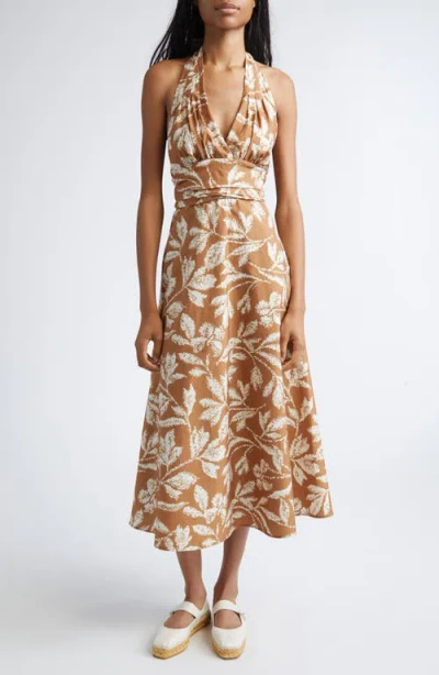 Max Mara Halterneck Printed Cotton Midi Dress In Brown
