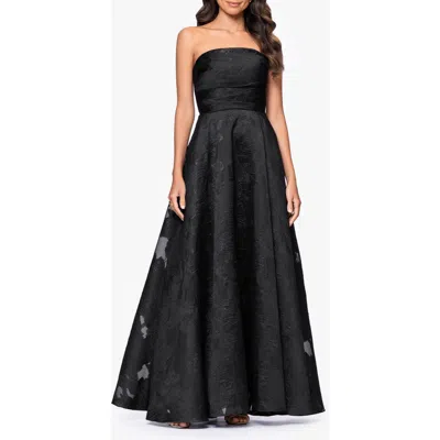 Betsy & Adam Floral Brocade Strapless Gown In Black