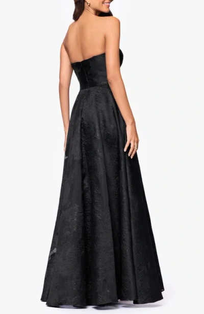 Betsy & Adam Floral Brocade Strapless Gown In Black