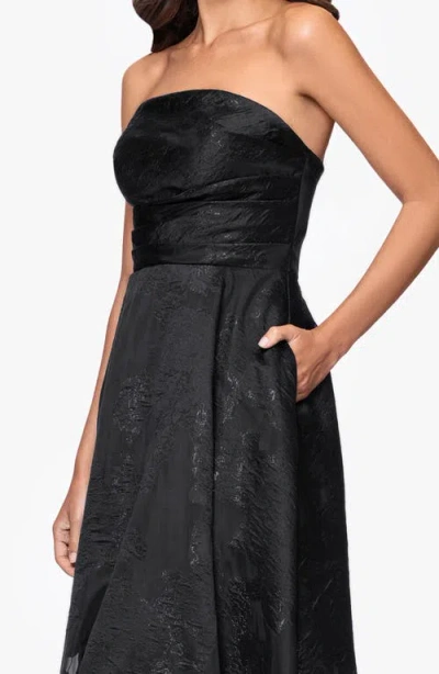 Betsy & Adam Floral Brocade Strapless Gown In Black