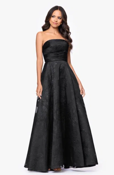 Betsy & Adam Floral Brocade Strapless Gown In Black