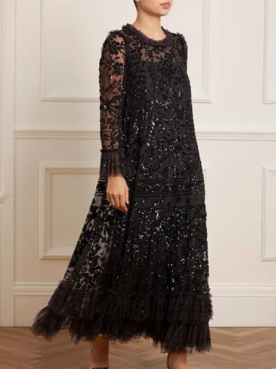 Needle & Thread Celia Long Sleeve Ankle Gown In Black