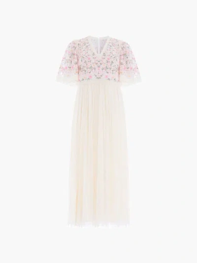 Needle & Thread Rosie Lace Bodice Short Sleeve V-neck Ballerina Dress In Champagne