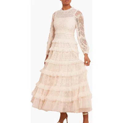 Needle & Thread Blossom Long Sleeve Lace Ankle Gown In Brown