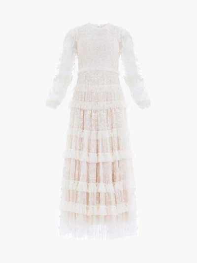 Needle & Thread Blossom Long Sleeve Lace Ankle Gown In Brown