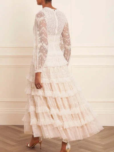 Needle & Thread Blossom Long Sleeve Lace Ankle Gown In Brown