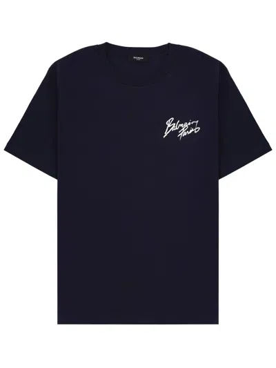 Balmain Navy Blue Cotton T-shirt In Black