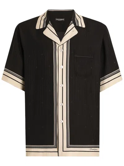 Dolce & Gabbana Men Hawaii Shirt With Logo And Striped Print In Black