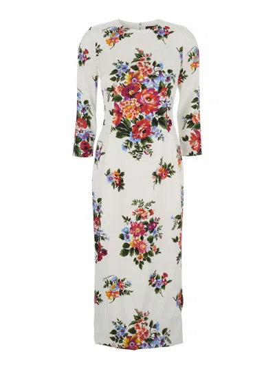 Dolce & Gabbana Mazzo Di Fiori Midi Dress Long Sleeves In Neutral