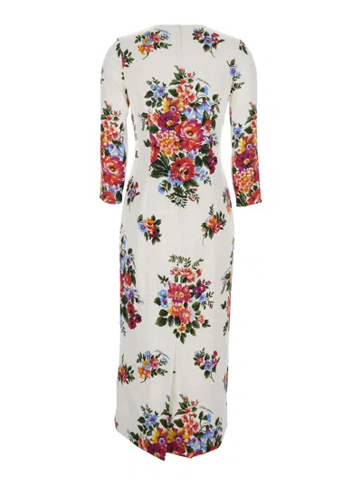 Dolce & Gabbana Mazzo Di Fiori Midi Dress Long Sleeves In Neutral