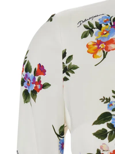 Dolce & Gabbana Mazzo Di Fiori Midi Dress Long Sleeves In Neutral
