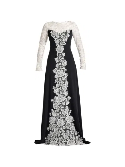 Tadashi Shoji Lace Detail Long Sleeve Crepe Gown In Black