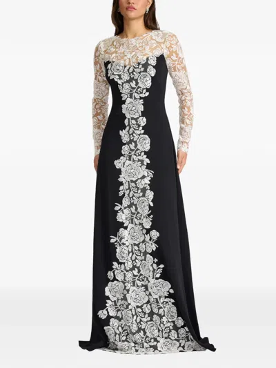 Tadashi Shoji Lace Detail Long Sleeve Crepe Gown In Black