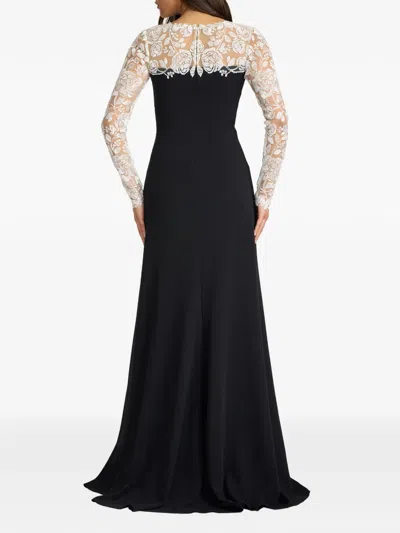 Tadashi Shoji Lace Detail Long Sleeve Crepe Gown In Black