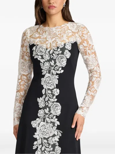 Tadashi Shoji Lace Detail Long Sleeve Crepe Gown In Black