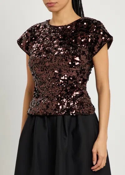 Ganni Womens Demitasse Bow-embroidered Sequin-embellished Velvet Top In Brown