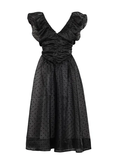 Ganni Ruched Flocked Polka-dot Recycled Organza Midi Dress In Black