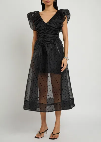 Ganni Ruched Flocked Polka-dot Recycled Organza Midi Dress In Black