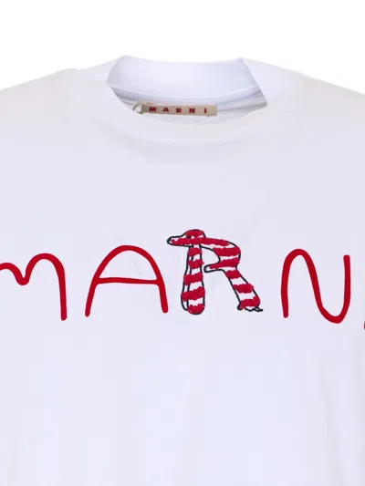 Marni Cotton T-shirt With Flocked Animal Alphabet Logo In White