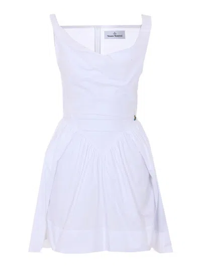 Vivienne Westwood Draped Midi Dress With Fitted Bodice And Gathered Skirt In White