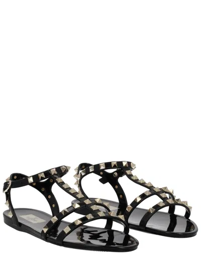 Valentino Garavani Rockstud Rubber Sandals Ankle Strap Design In Black
