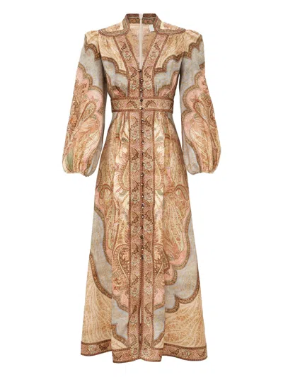 Zimmermann Wanderlust Multicolor Long Dress With V Neck And All-over Paisley Motif In Linen Woman