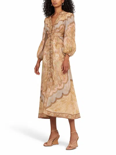 Zimmermann Wanderlust Multicolor Long Dress With V Neck And All-over Paisley Motif In Linen Woman