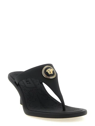 Versace Kitten Heel Thong Sandals With Medusa Detail In Black