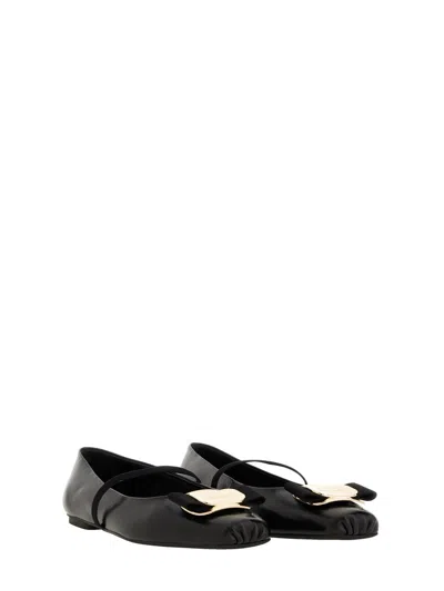 Ferragamo Lambskin Flats With Gold-tone Buckle Detail In White