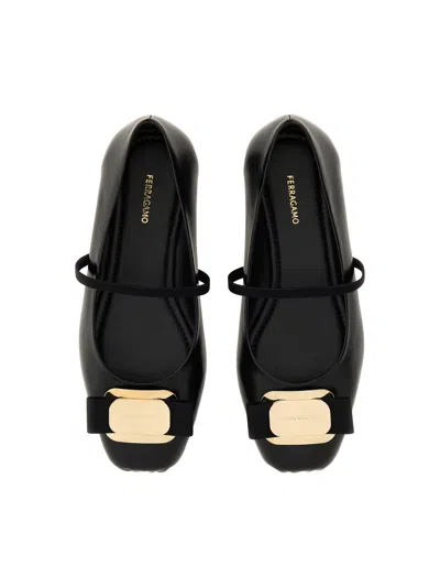Ferragamo Lambskin Flats With Gold-tone Buckle Detail In White