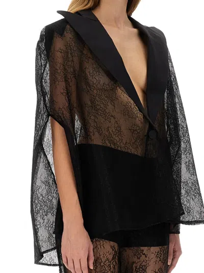 Nina Ricci Sheer Lace Deep V-neck Long Sleeve Top In Black