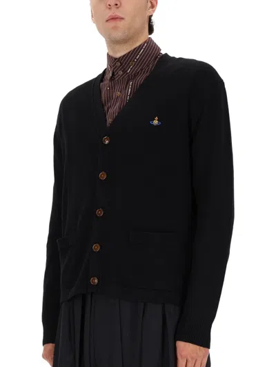 Vivienne Westwood Black V Neck Cardigan With Orb Embroidery In Cotton And Cashmere