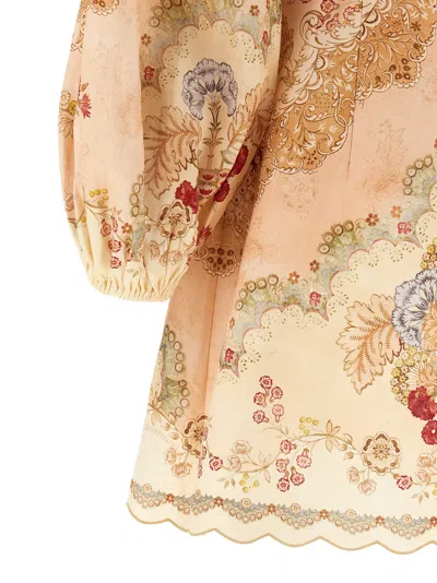 Zimmermann Daylight Multicolor Midi Dress With Long Puffed Sleeves And All-over Floral Print In Linen Woman In Yellow