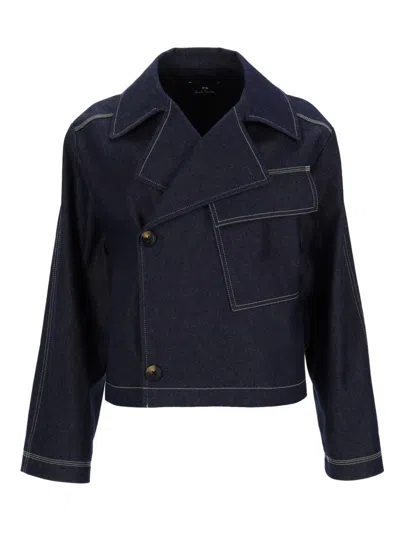 Ps By Paul Smith Denim Cotton-blend Cropped Asymmetric Jacket With Topstitching Blue