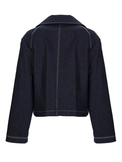 Ps By Paul Smith Denim Cotton-blend Cropped Asymmetric Jacket With Topstitching Blue