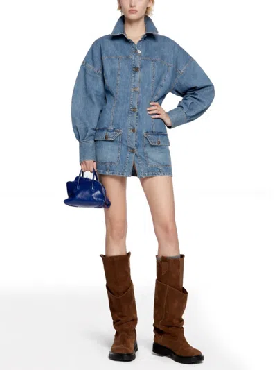 Attico Denim Mini Dress Front Pockets Long Sleeves In Blue