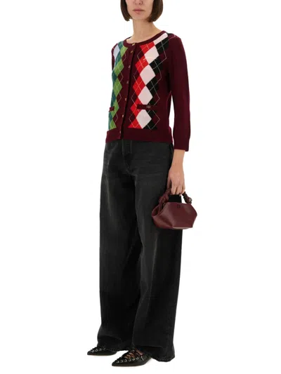 Ganni Burgundy Checked Cardigan In Cashmere Blend Women In Multi
