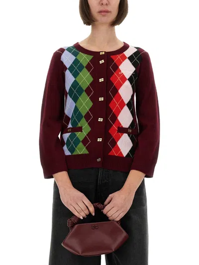 Ganni Burgundy Checked Cardigan In Cashmere Blend Women In Multi